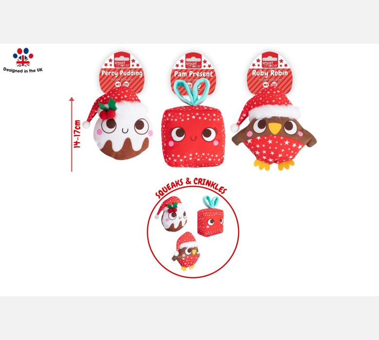 Squeaky Crinkle Xmas Plush Dog Toy Choice of 3 Designs
